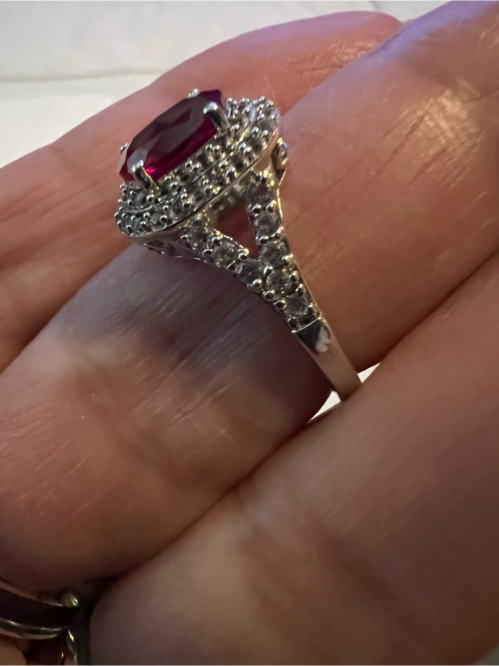 Vintage Estate SUN .925 Silver Lab Ruby & Genuine White Sapphire Halo Ring - Picture 4 of 9